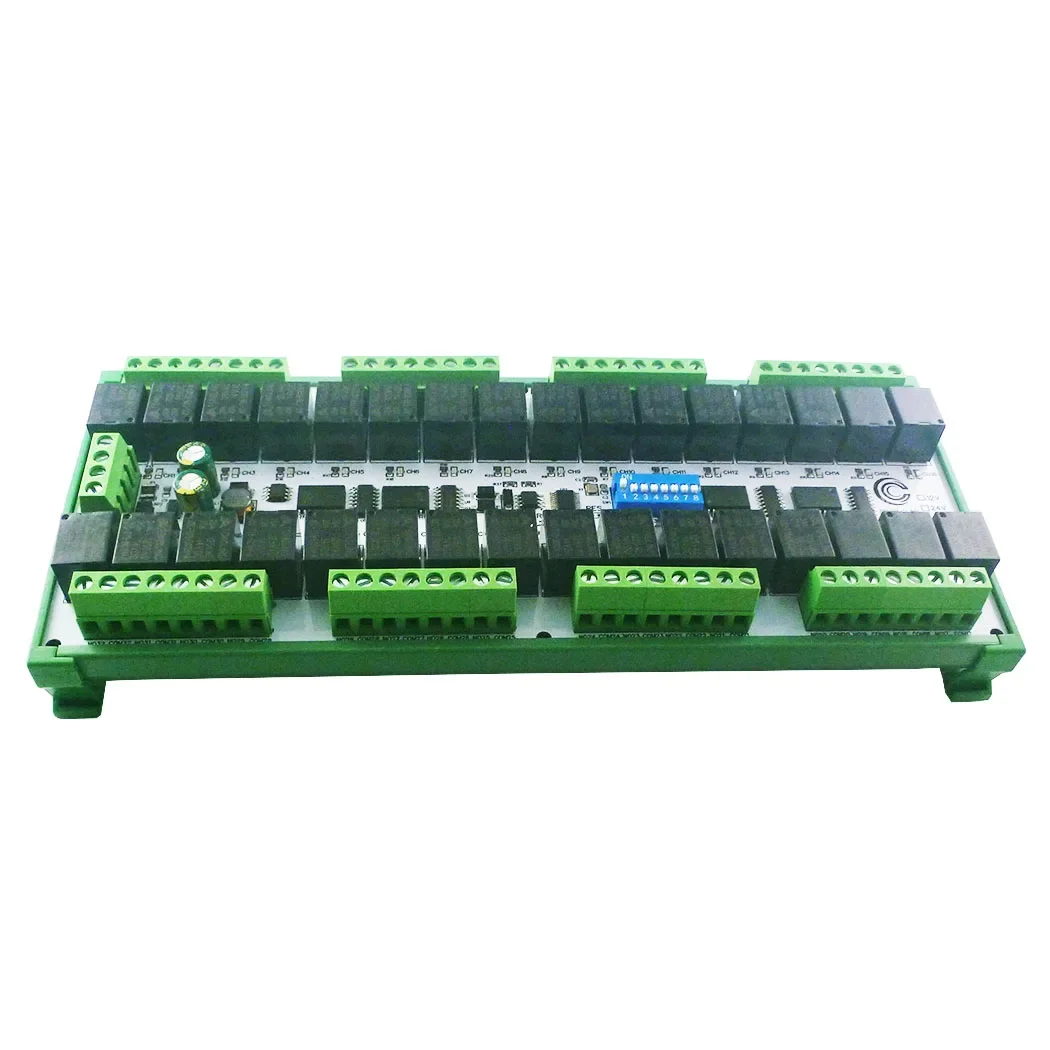 Easy to Install DIN Rail Box DIP Switch Setup Parameters DC 12V 24V 20A 32CH Modbus RTU RS485 Relay Module RYR432D