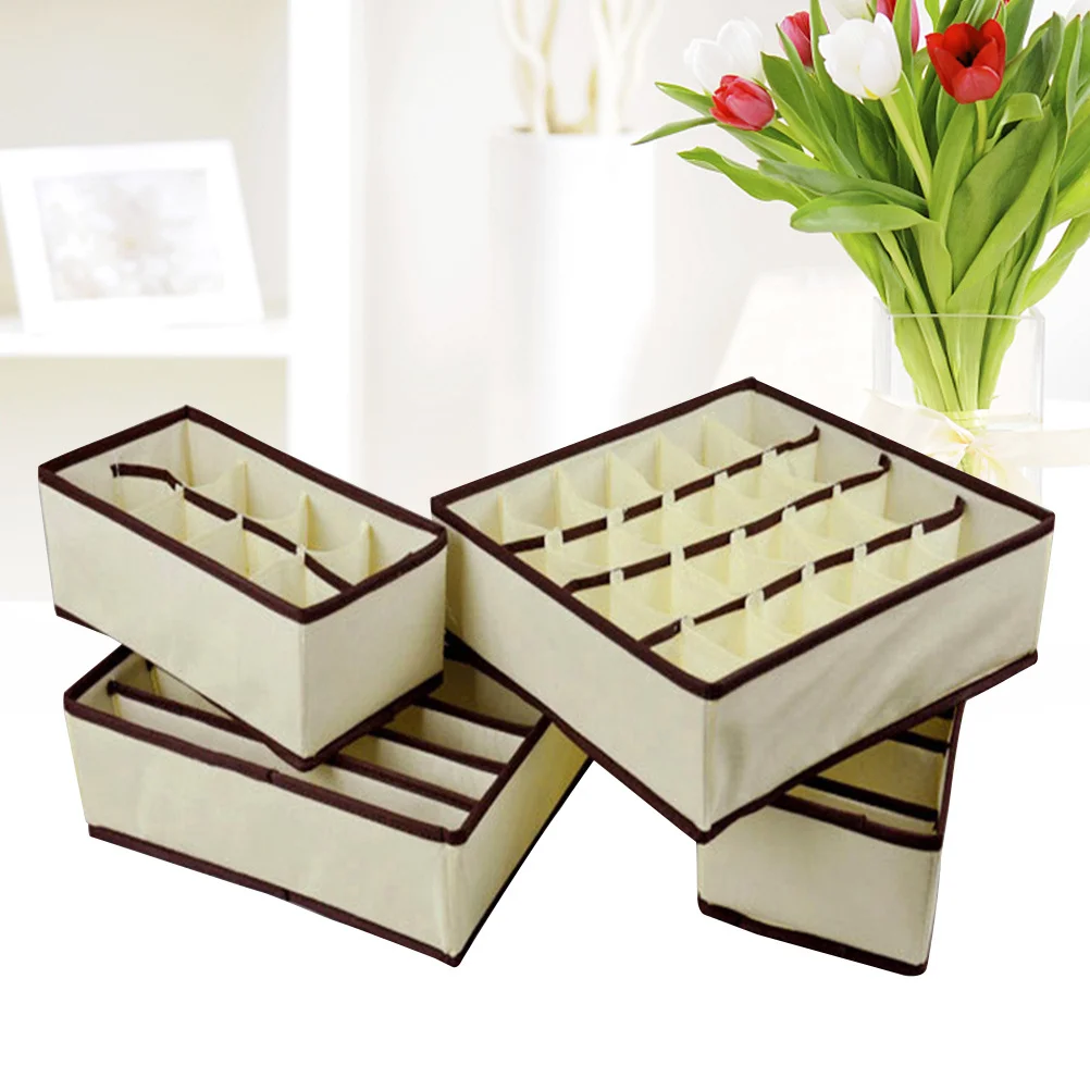 

4pcs Bra Underwear Storage Box Non-Woven Foldable Closet Drawer Organizer Creamy White Moisture Odor Resistant Sock Tie Scarf