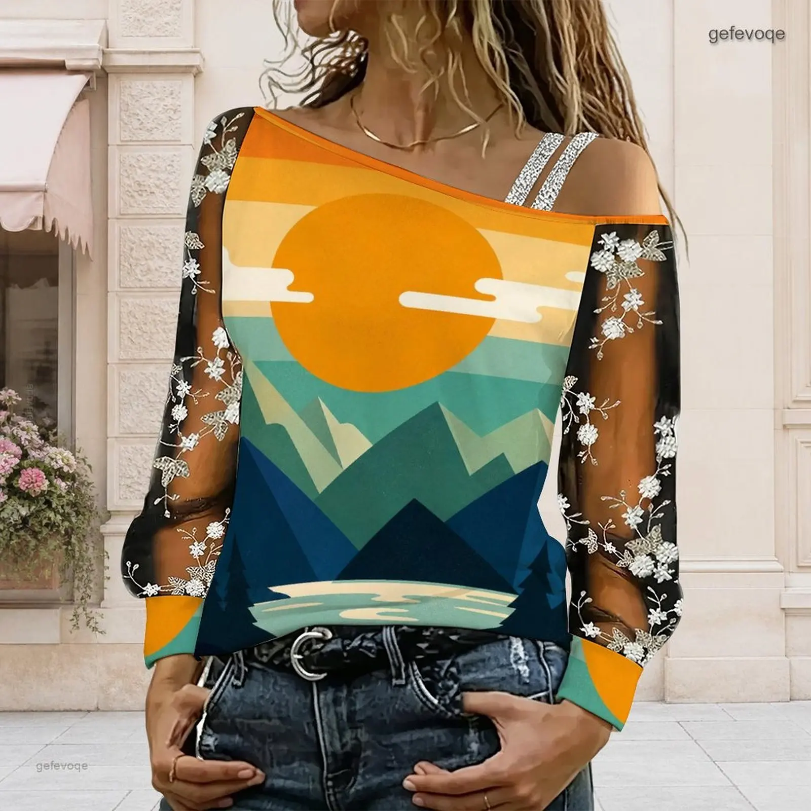 Women Cartoon Sleepy Avocado Print Asymmetric Cold Shoulder Long Sleeve Floral Embroidered Sheer Top