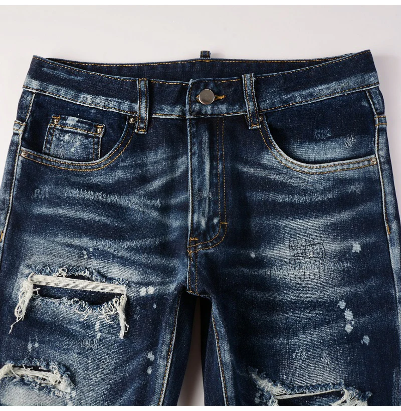 Herren Jeans mit Löchern und Patchwork-Design, Streetwear, dunkelblau, Stretch-Hose, bemalte Skinny Tapered Hose – Detail 5