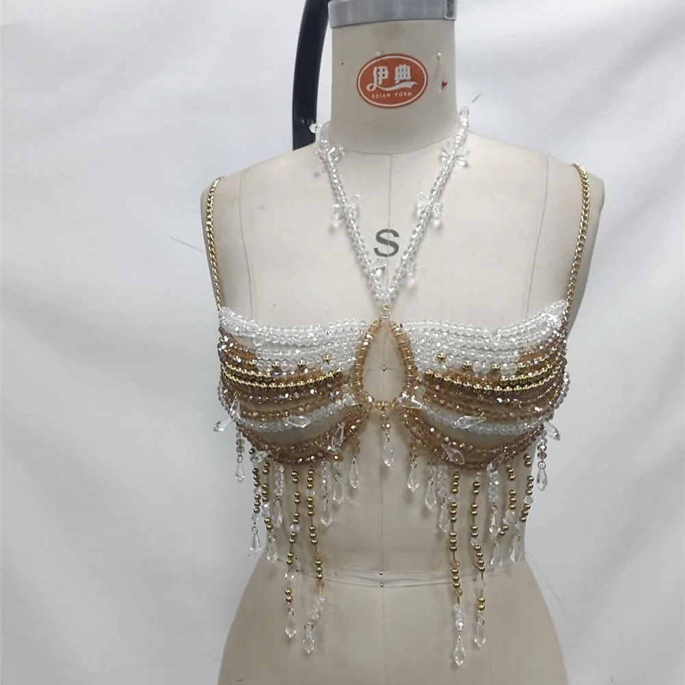 Fashion Golden Transparent Acrylic Beaded Bra Halter Tops Bra Chain Bling Crystal Tassel Multi-layer Breast Jewelry Waist Chain