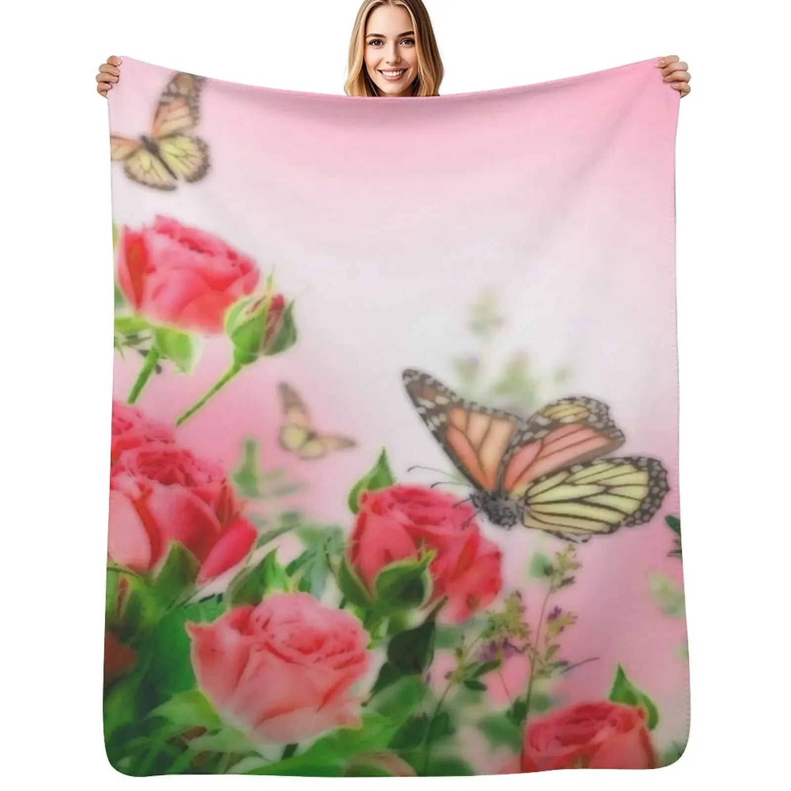 

Butterflies and roses Throw Blanket sofa bed Decorative Sofa Hairy Blanket
