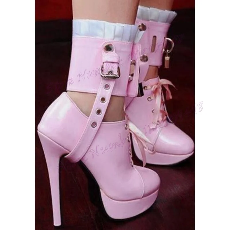 Pink Back Strap Lace Up Ankle Boots Lock Decor Platform Round Toe Shoes for Women Thin High Heels Shoes 2023 Zapatos Para Mujere