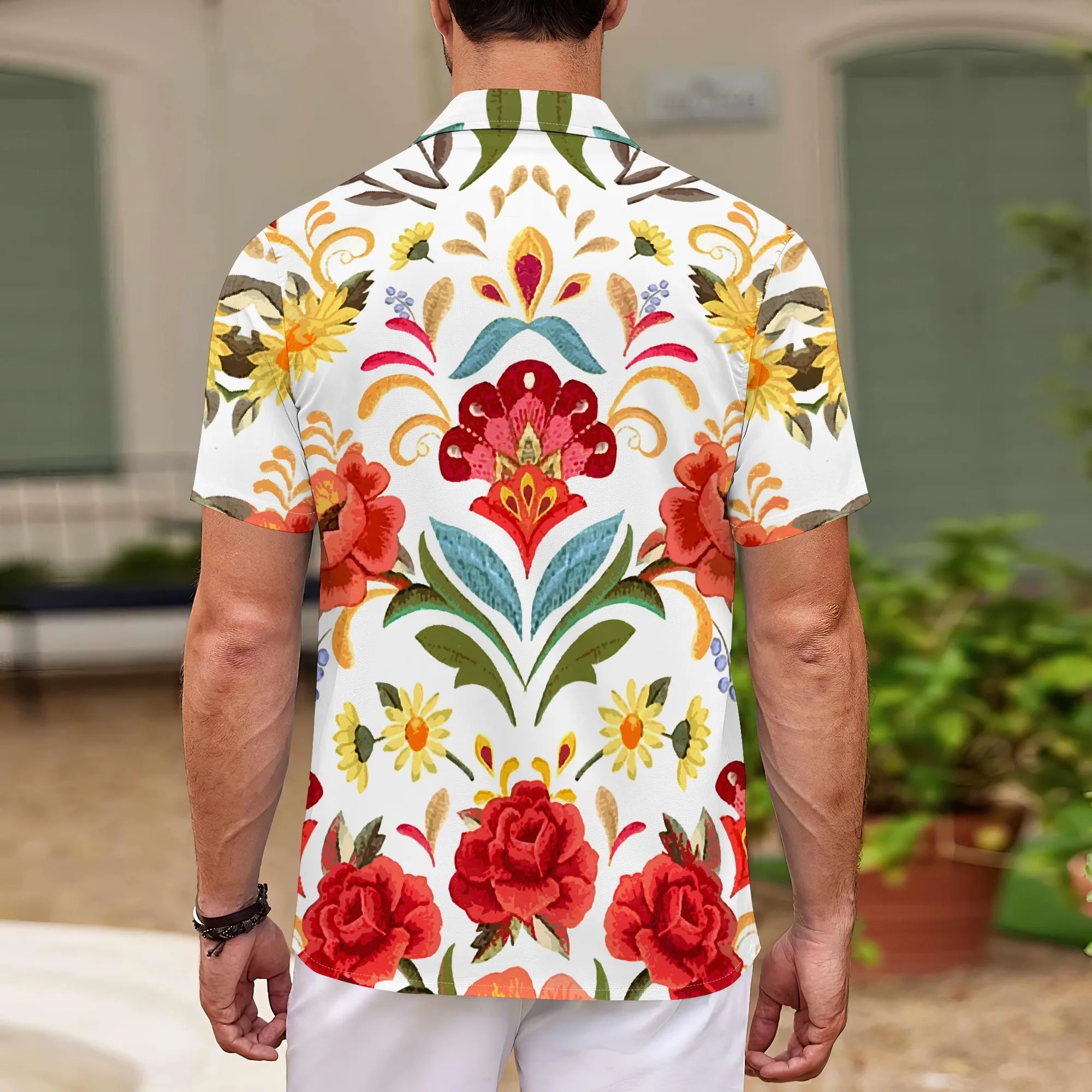 YEAE Symmetric Floral Pattern Shirt for Men Summer Casual Short Sleeve Top