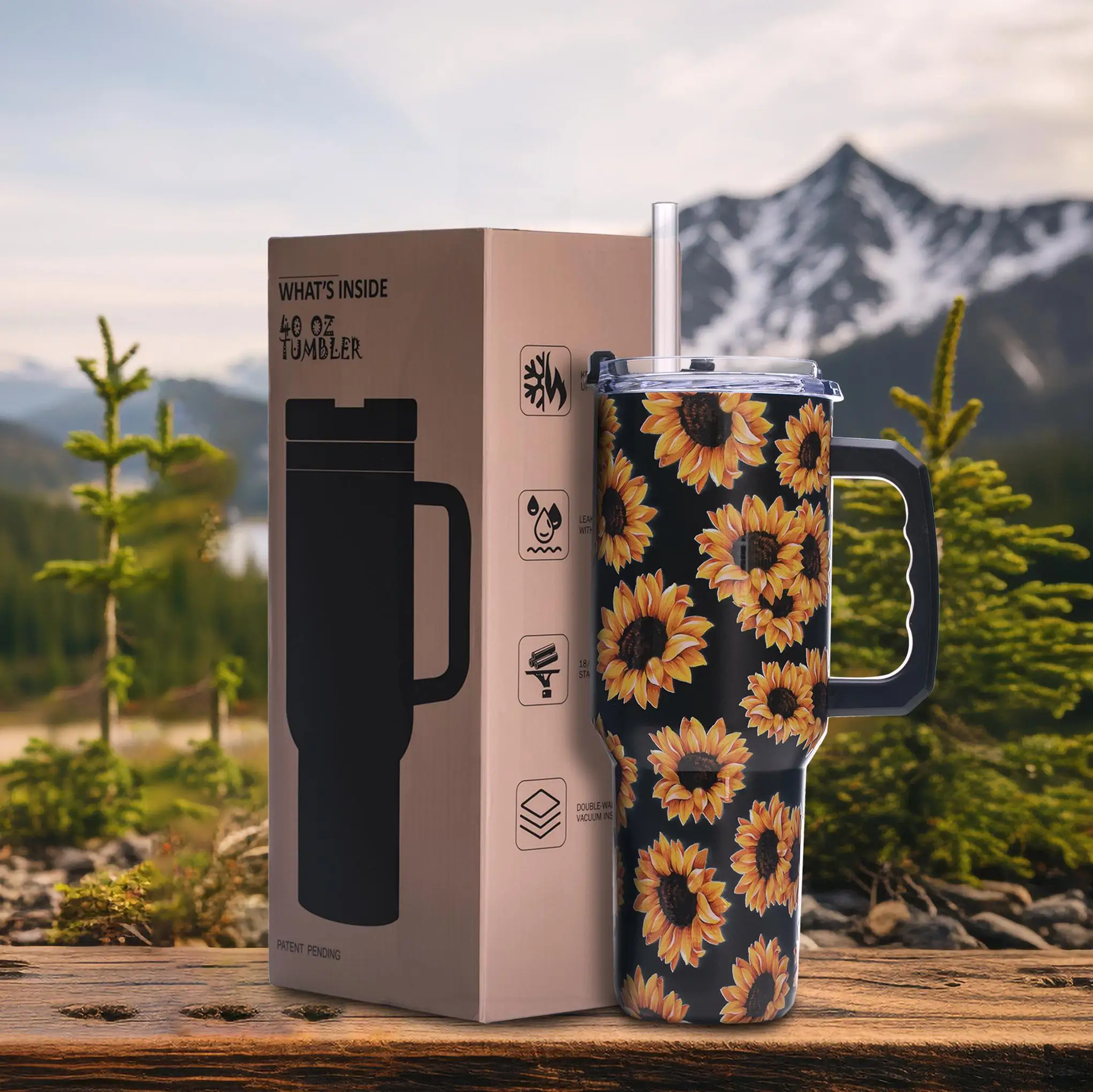 

Дорожный стакан с вакуумной изоляцией Sunflower, 40 унций — нержавеющая сталь с двойными стенками, с ручкой, крышкой с защитой от разлива, горячий и холодный