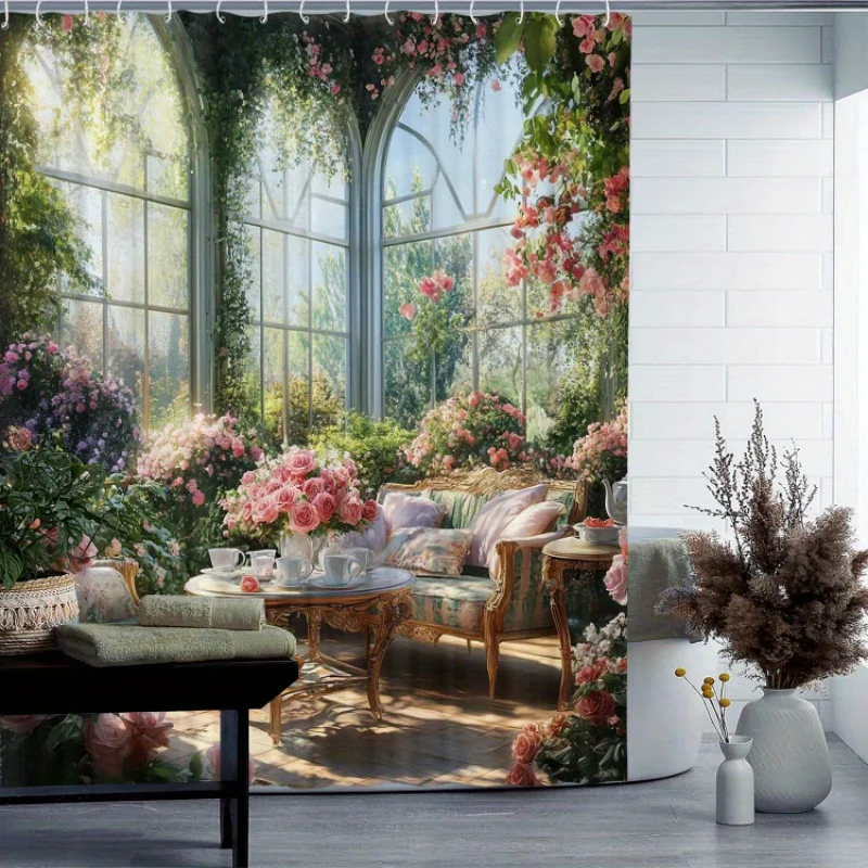A Sunlit Garden Oasis Shower Curtain: Step into a Serene and Beautifully Designed Space with This Stunning Design Featuring