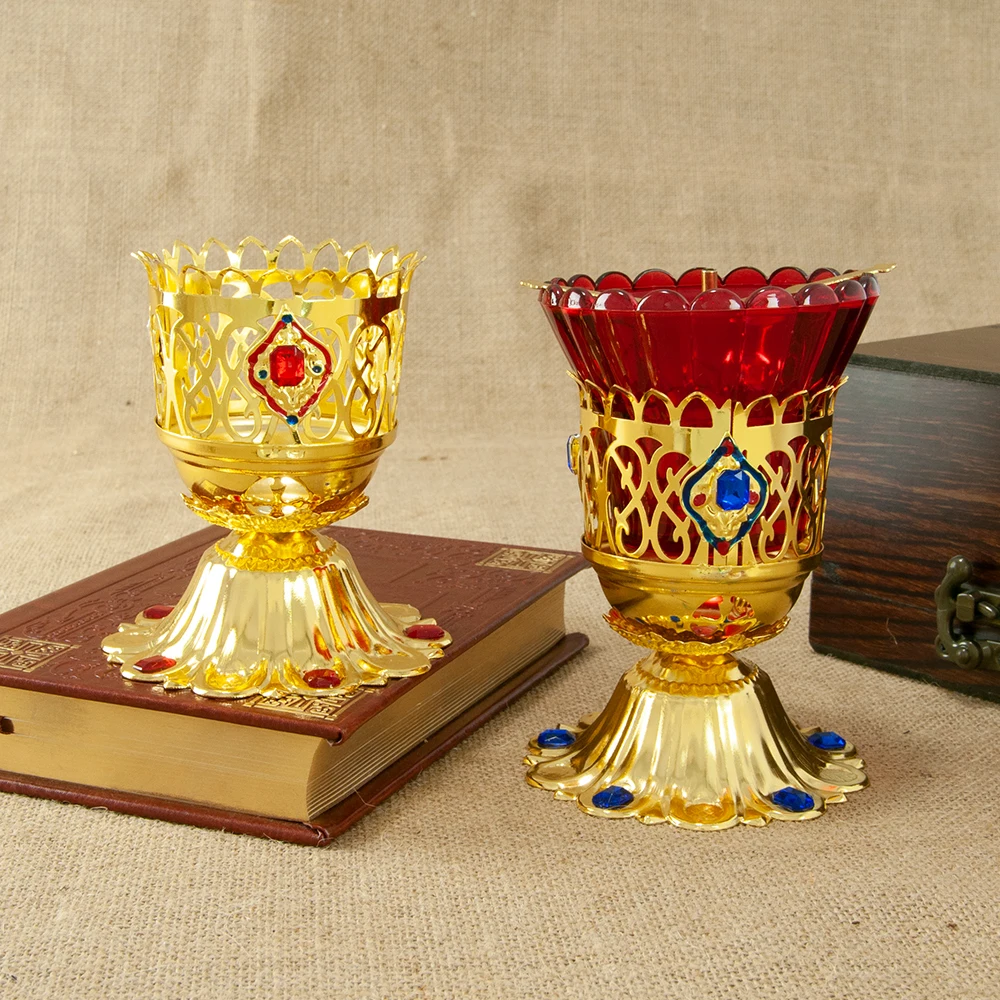 Premium Gloss Gold Orthodox Table Oil Lamp Openwork Twist Frame Red Blue Rhinestone Red Fluted Glass Church Liturgical Sacred Wo