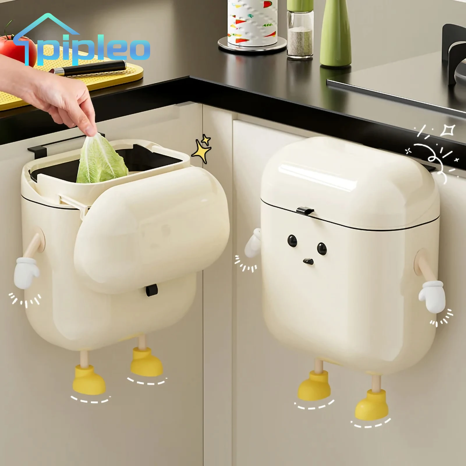 

Wall-mounted DIY Cream-Colored Kitchen Trash Can with Lid for Food Waste and Bathroom No Bending High Appearance Level