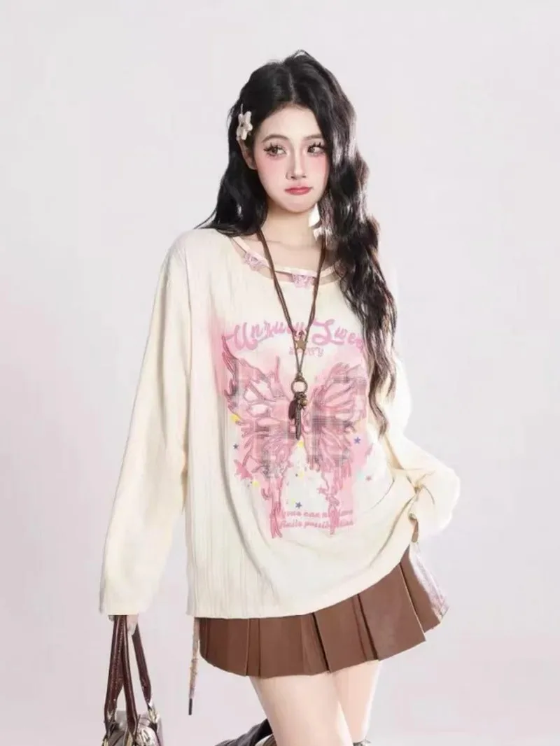

Japanese Style Cute Long Sleeve T-shirt Women Autumn New Pink Butterfly Graphic T Shirts Off Shoulder Female Y2k Clothes