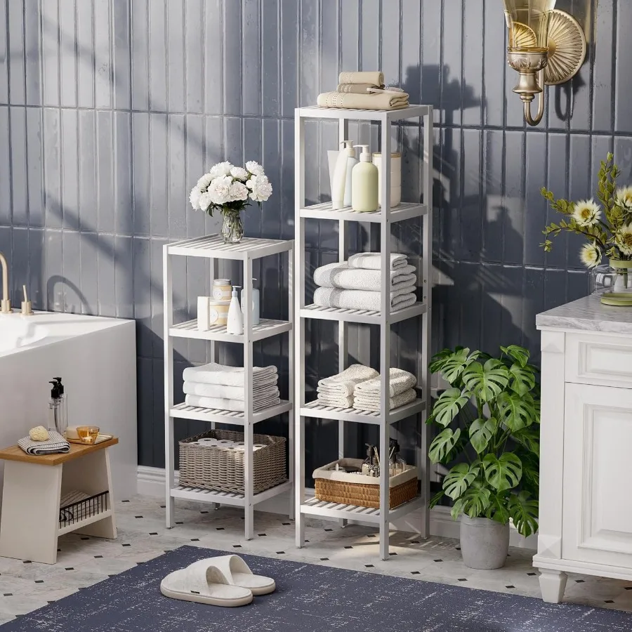 Prateleira de armazenamento para banheiro, 5 camadas, bambu, organizador, prateleira multifuncional para sala de estar, quarto, cozinha, branco