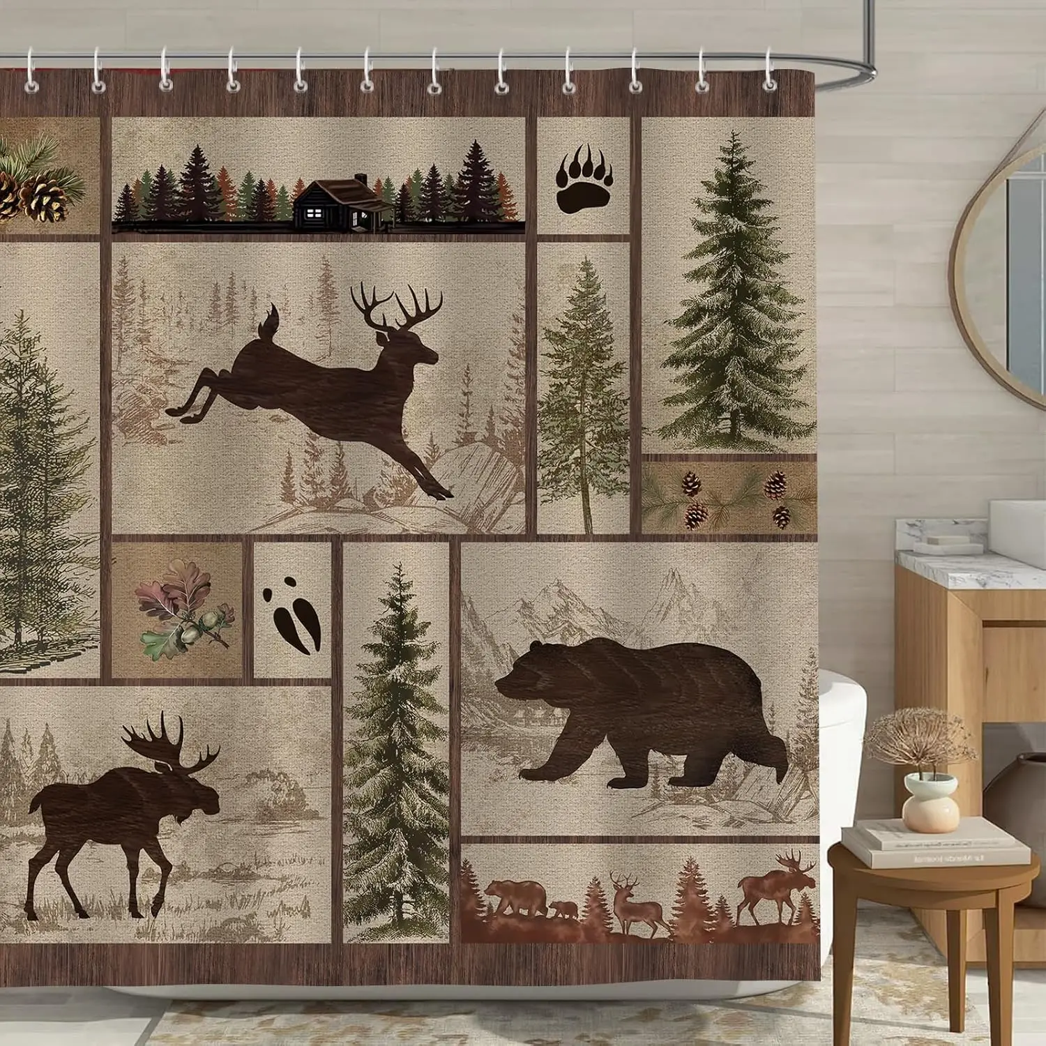 Rustic Cabin Shower Curtain Forest Animal Bear Deer Elephant Woodland Farmhouse Bathroom Decor Fabric Bath Curtains with Hooks