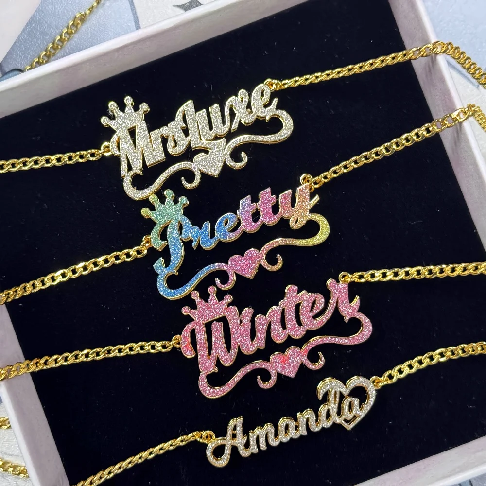 

DUOYING Custom Name Glitter Necklace Double Layer Crown Nameplate
