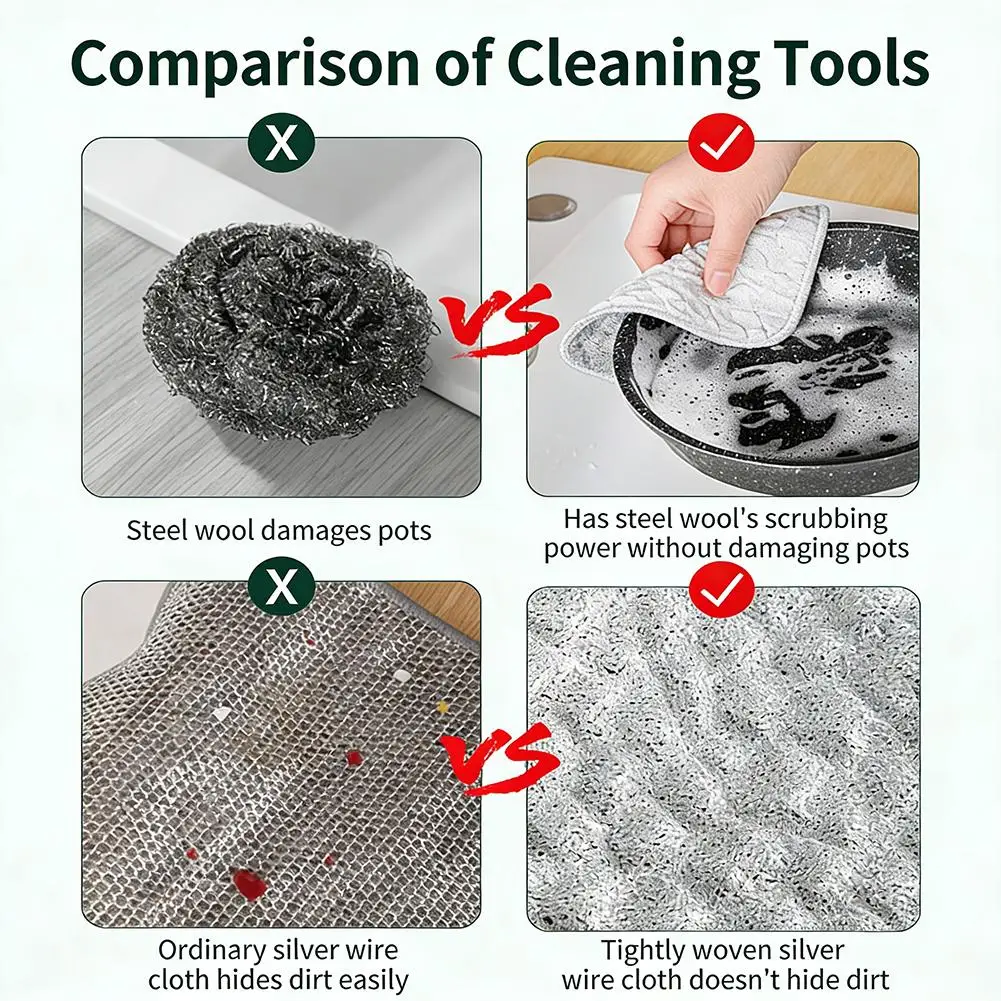 Double-Sided Kitchen Scrub Pads 5/10pcs, Cotton Gauze With Silver Thread, Non-Scratch, Oil-Absorbent