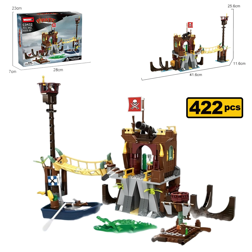 

442PCS MOC The Playing Pirate Ship Building Blocks Educational Toys Brave the Crocodile Reef Model Brick Desktop Decoration Gift