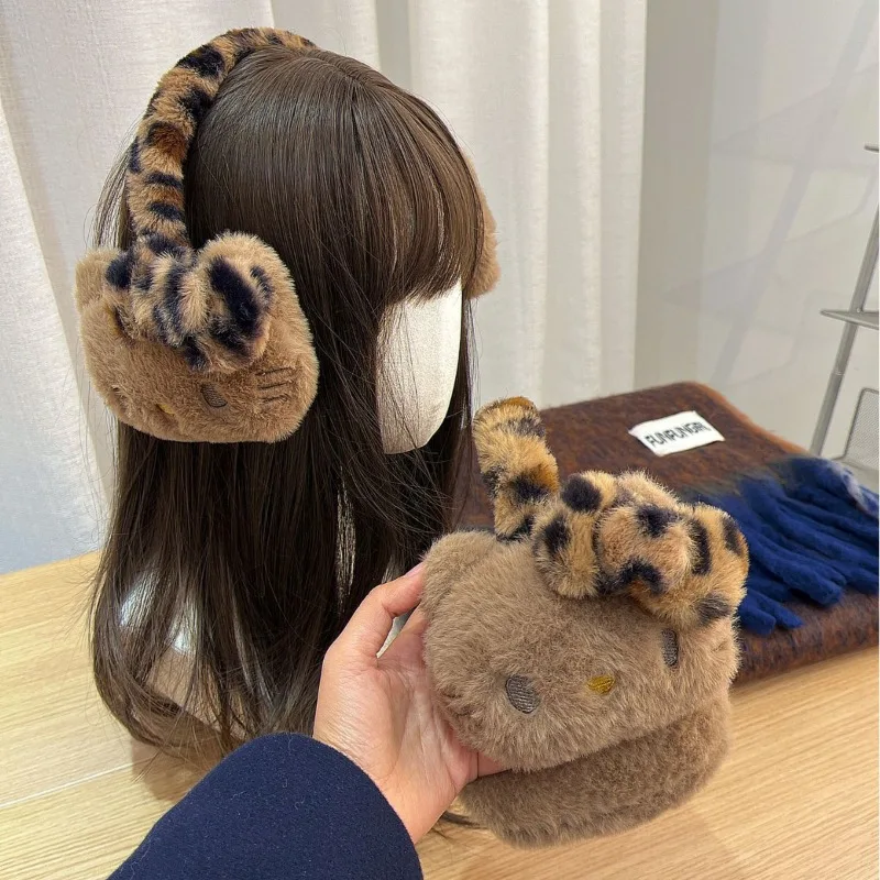 Sanrio Y2K Black Leather Hello Kitty Plush Earmuffs To Keep Warm and Protect Ears, Cute Kt Cat Riding Anti-freeze Ears Girl Gift