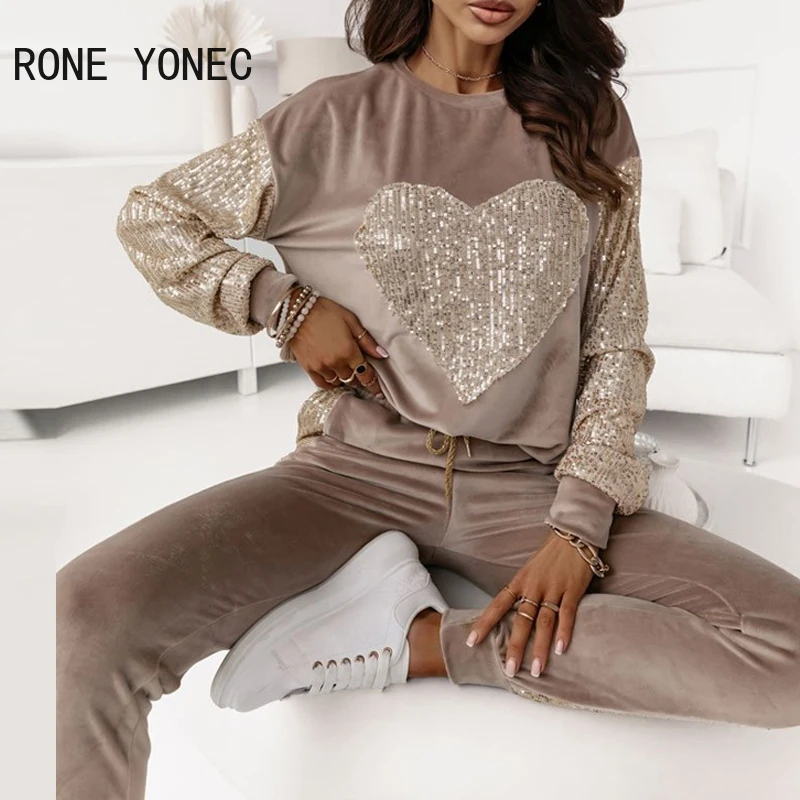 Women Heart Pattern Round Neck Long Sleeves Elastic Waist Sequins Decor Sporty Sweatshirt Pants Set