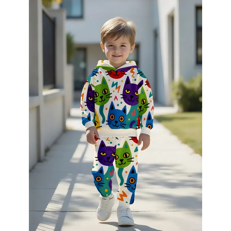 Kids Hoodie Jogger Colorful Cartoon Cat Allover Print Pink Cherry Blossom Floral Pattern Fiery Dragon Eye Graphic Kids Tracksuit