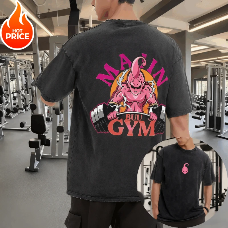Majin Buu Super Saiyan gimnasio Vintage Harajuku Anime Dragon Ball hombres verano camiseta suelta mujeres ropa de calle pantalón corto Casual Camiseta de manga