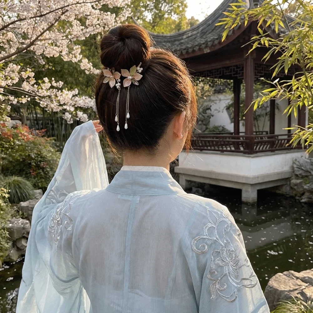 New Ancient-style Flowers Tassels Hair Claws Pink Imitation Pearl Round Bun Ponytail Holder Acrylic Alloy Hair Accessories Party
