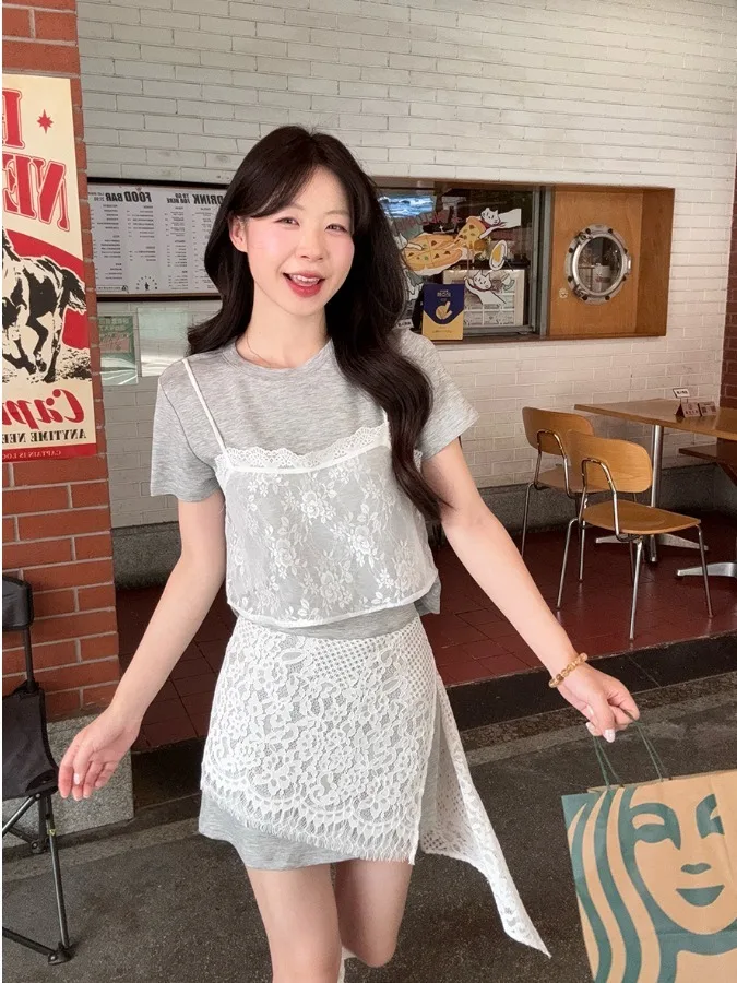 

plus Size Women's Grey Lace Short Sleeve Top And A-Line Skirt Set Summer High Waist Soft Style Fashion plus Size Outfits