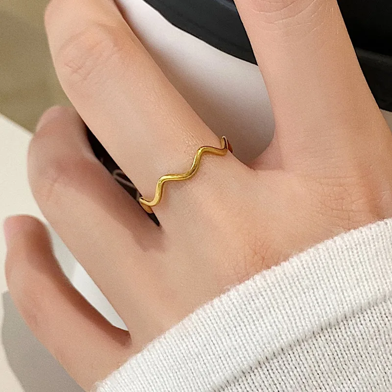 Stainless Steel Ring Minimalist Sea Wave Light Luxury Fashion Couple Rings For Versatile Female Accessories Stackable Jewelry