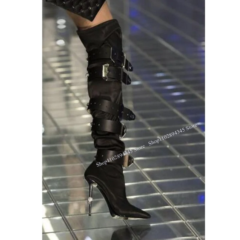 

Black Buckle Iron Heel Boots Thin High Heel Over Knee High Fashion Sexy 2023 Summer Casual Big Size Woman Shoes Zapatillas Mujer