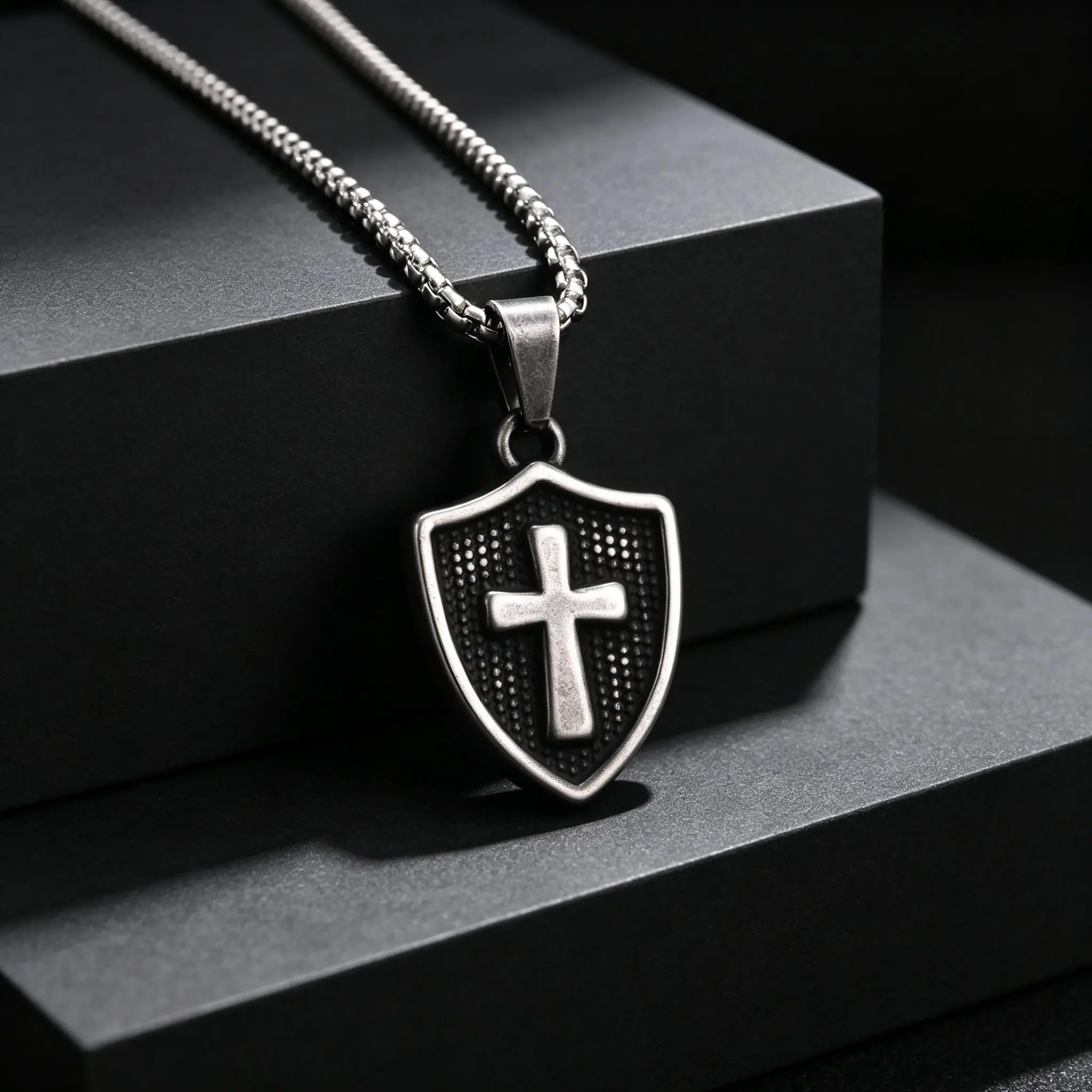Classic Vintage Gray Shield Cross Pendant Necklace, Stainless Steel Cross Charm Necklace for Men, Fashion Amulet Jewelry Gift