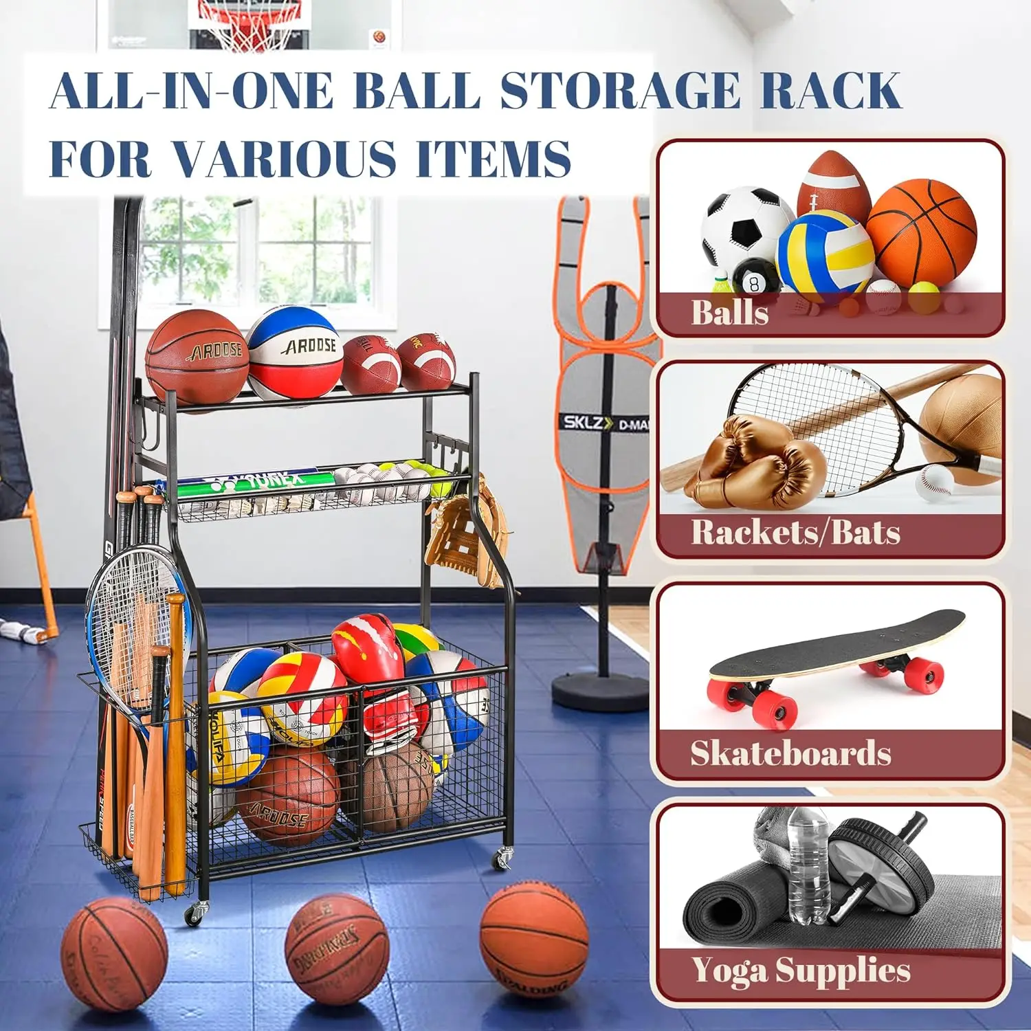 Sports Equipment Garage Organizer,Garage Ball Storage for Sports Gear and Toys, Rolling Ball Cart