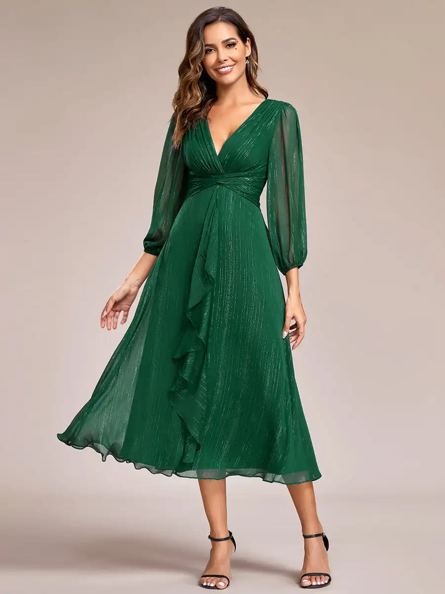 

Elegant Evening Dresses Deep V Neck Long sleeved Knee-Length 2024 BAZIIINGAAA of Shiny Chiffon Dark Green Wedding Guest Dresses