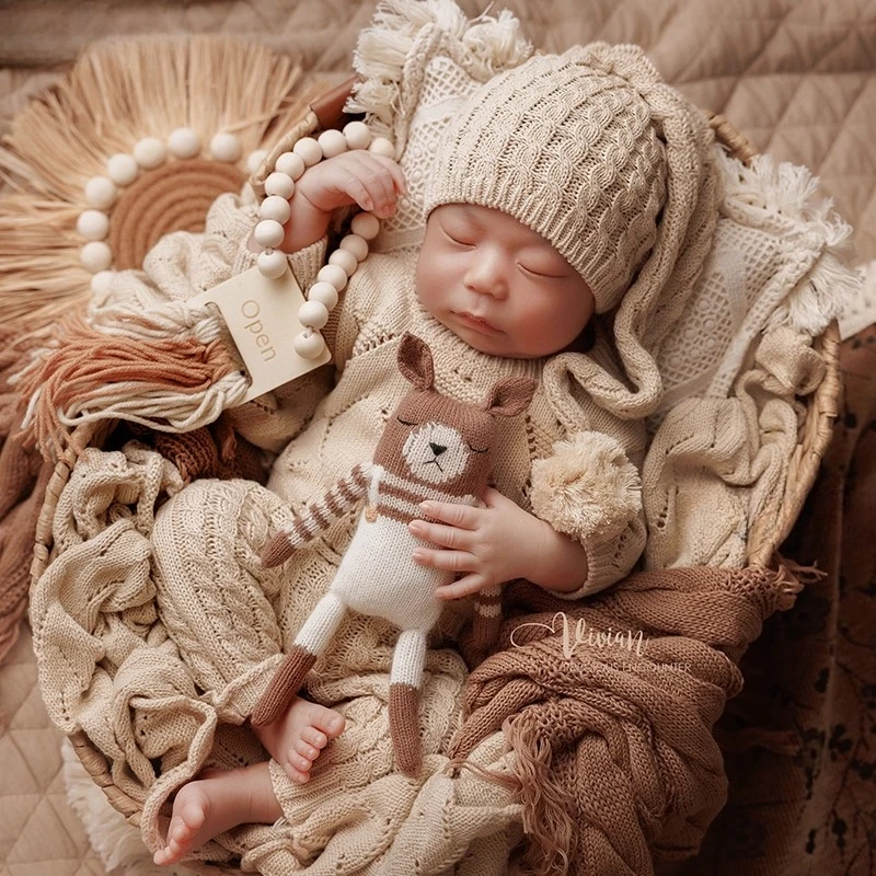 Newborn Photography Props Baby Knitted Clothes Round Mat Nordic Tassel Blanket Posing Rattan Basket Set for Studio Photoshoot
