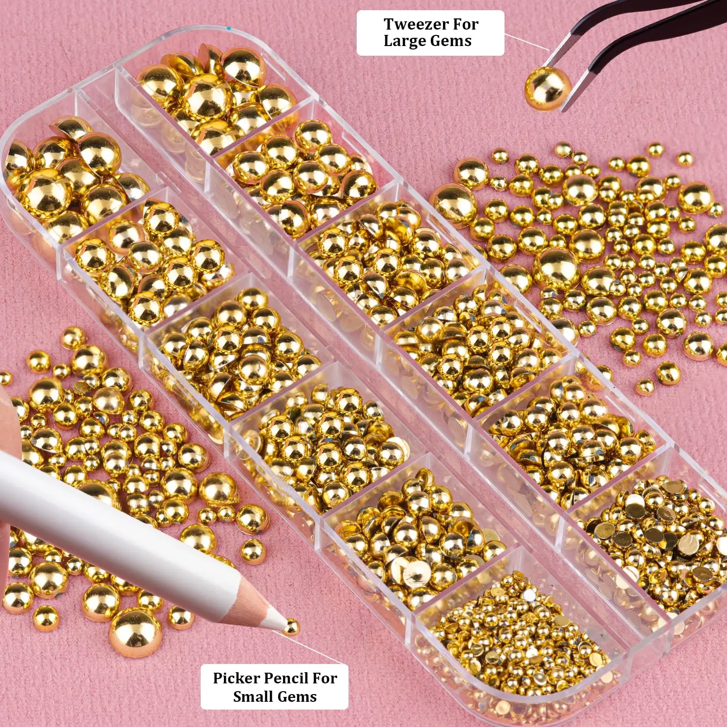 3 Teile/satz Gold Halbrunde Flatback Perlen Nagel Charms - 12Grids Perlen Strass Kits mit Pickup Bleistift & Pinzette Nail art Werkzeuge