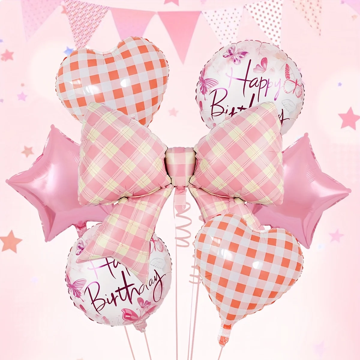 7-teiliges rosa kariertes Bogen-Ballon-Set mit großer Schleife, Stern-Schmetterling, alles Gute zum Geburtstag, Folienballons, Kokette, Geburtstagsparty-Dekorationen