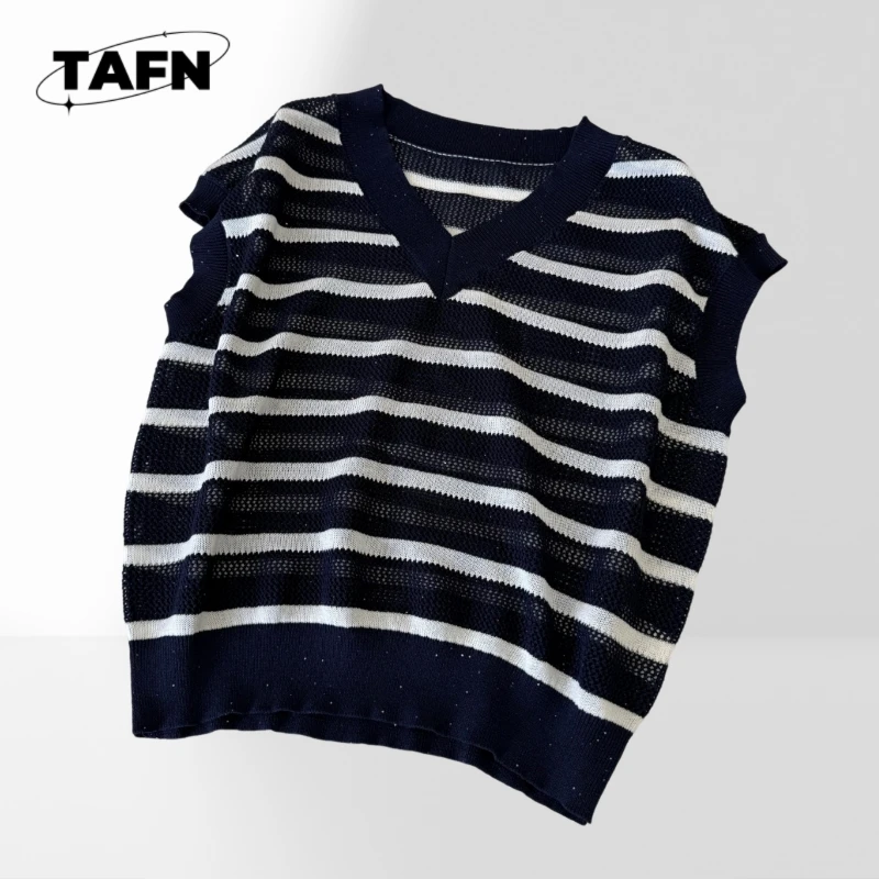 

Vest Sweater High Street Elegant Comfortable Simple and Beautiful Trendy Striped Knit Sweater for Women, Comfortable AF2305