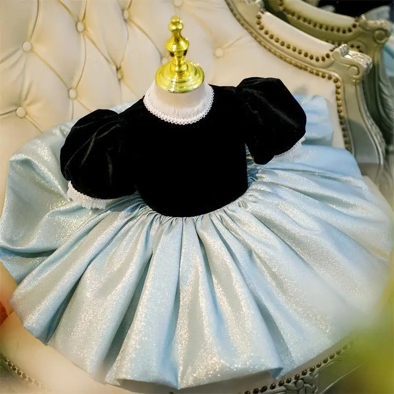 Vestidos personalizados con mangas abullonadas, Color Patchwork, cuello redondo, flores para niñas, vestido de baile plisado, Vestidos de princesa, cumpleaños sencillo y dulce para niños