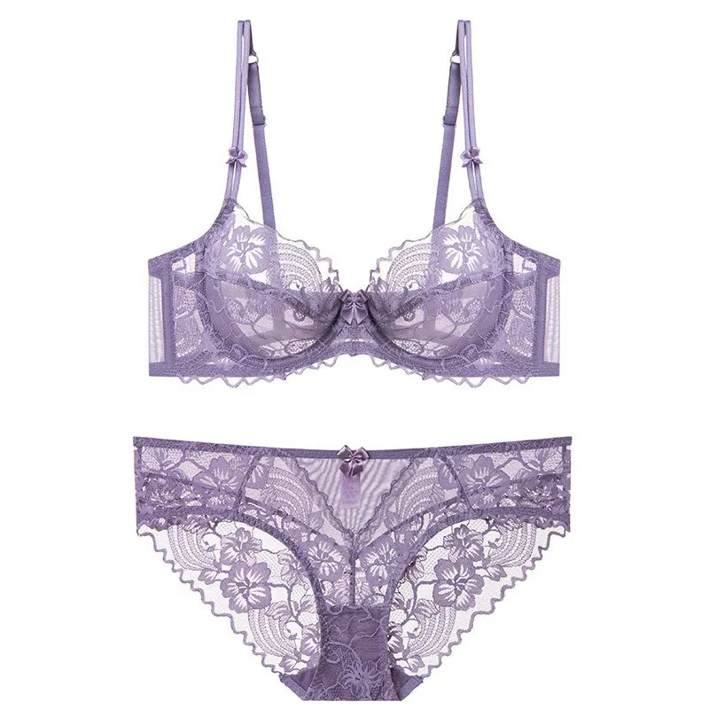Women Victorian Style Lace Underwear Set Soft Underwire Ultra Thin Anti-sagging Push Up Design Delicate Purple Elegant Bralette