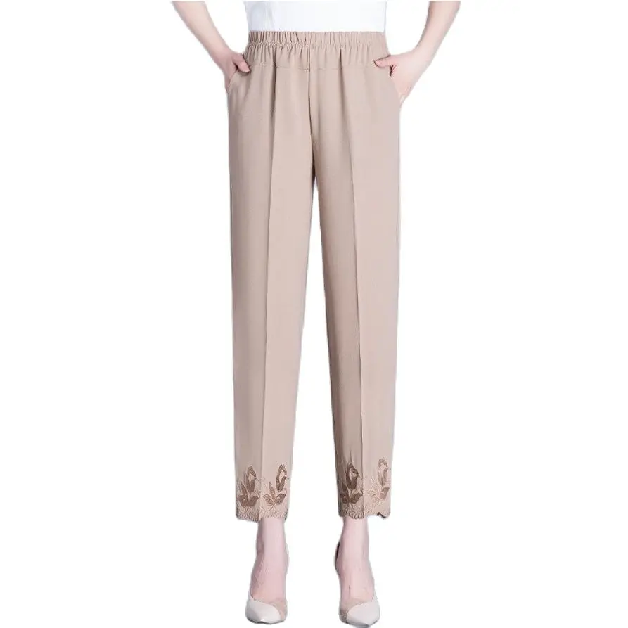 Pantalon d'été en mousseline de soie pour femmes, nouvelle mode, broderie élastique, taille haute, droit, décontracté, 9ème, 5XL, 6XL