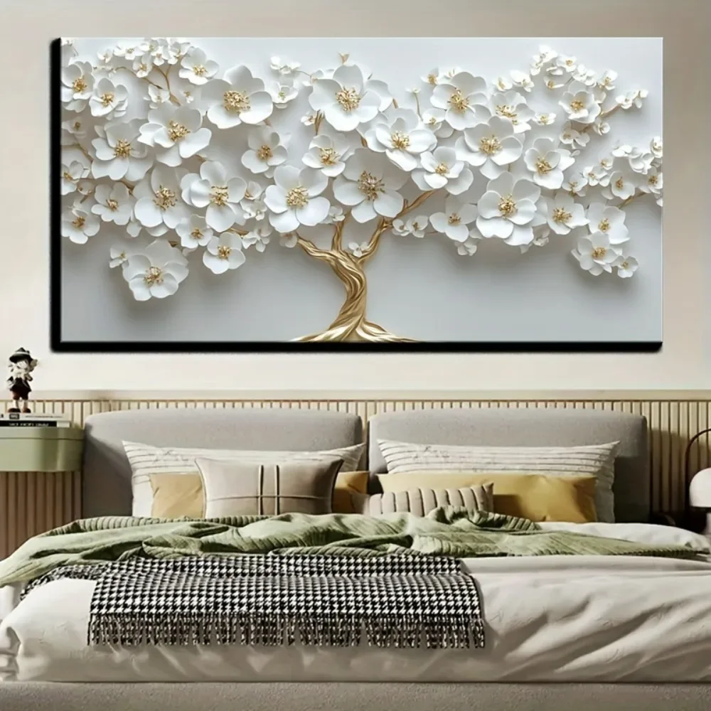 1 peinture à l'huile de fleur blanche nordique sur toile, peinture murale art déco moderne, cadre en bois massif de pin de 1.5 pouces d'épaisseur