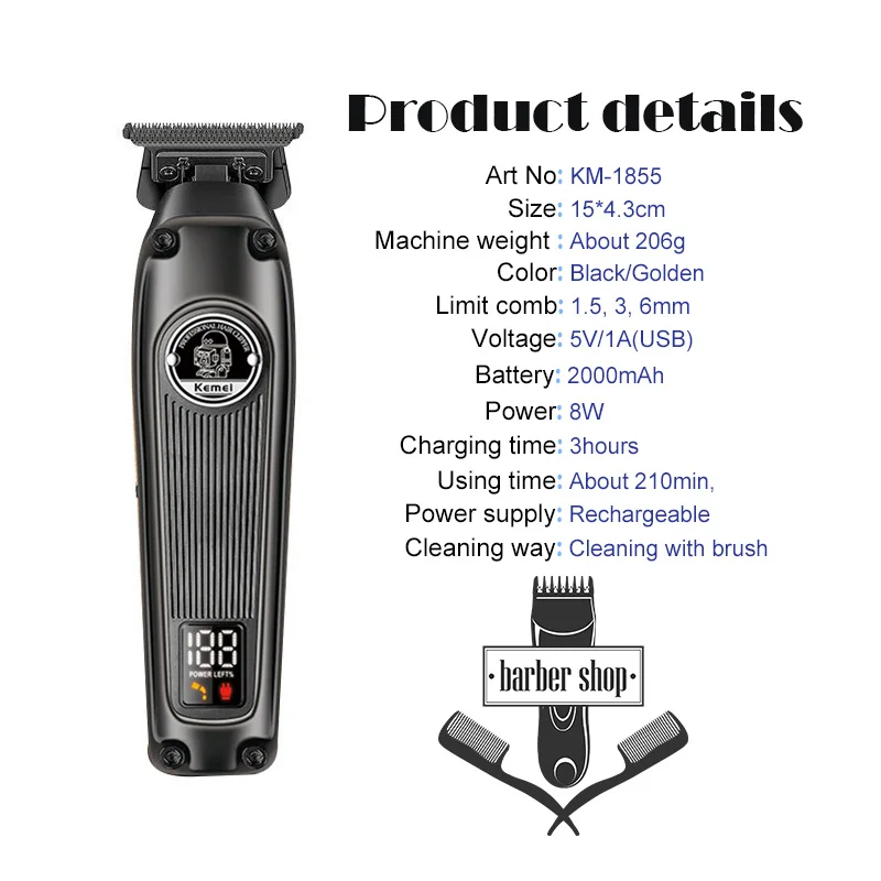 Kemei KM-1855 Hair Clipper Professional Electric Rechargeable Barber Trimmer Cordless Trimmer Cutting Type-c