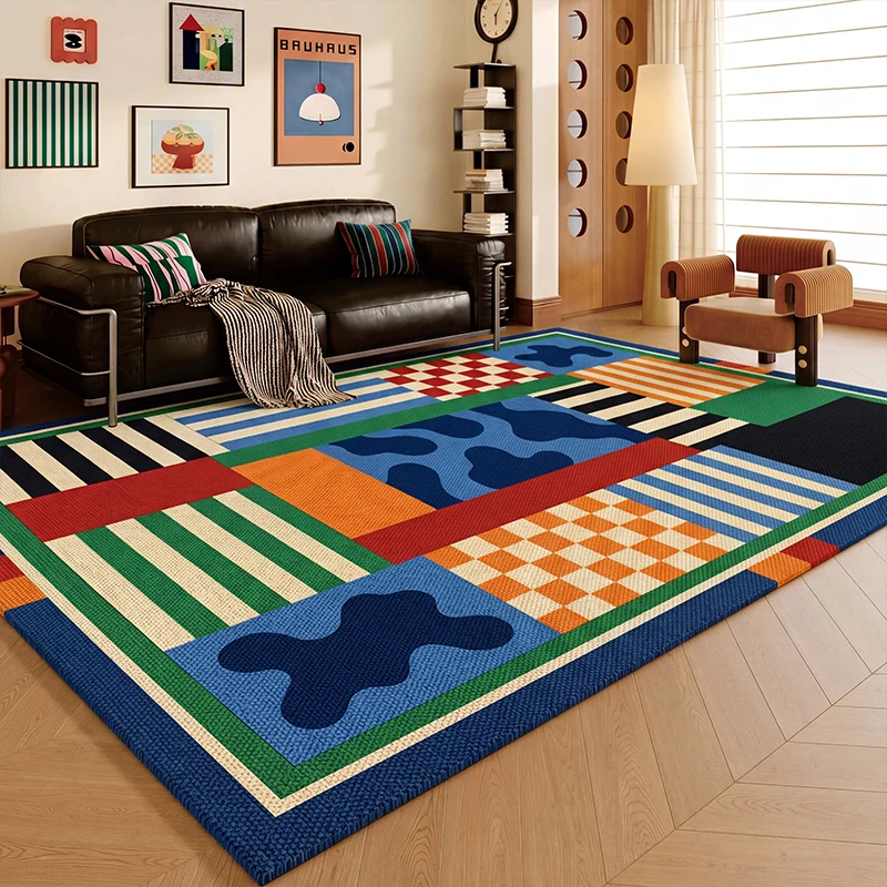 Living Room Rug Comfortable Loop Pile TPR Carpet  Anti-slip Stain-resistant Floor Mat Retro Style Irregular Color Block Carpets