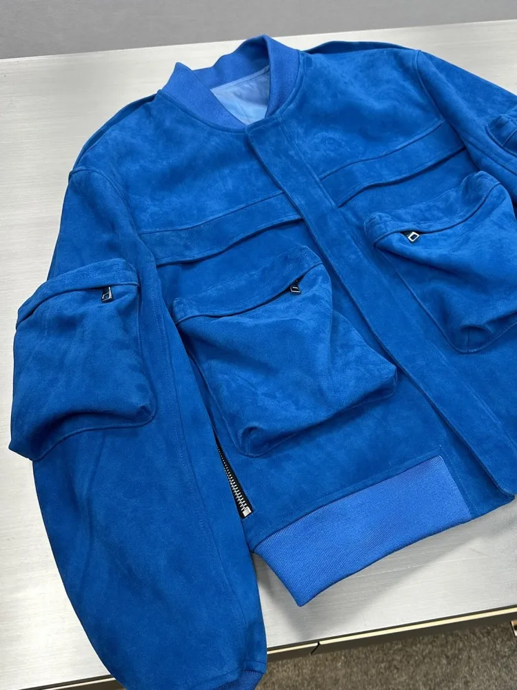 Designer High Quality Genuine Leather Coat Men Fashion Blue Suede Sheepskin Bomber Jacket New Loose Fit Casual Cargo Outerwear