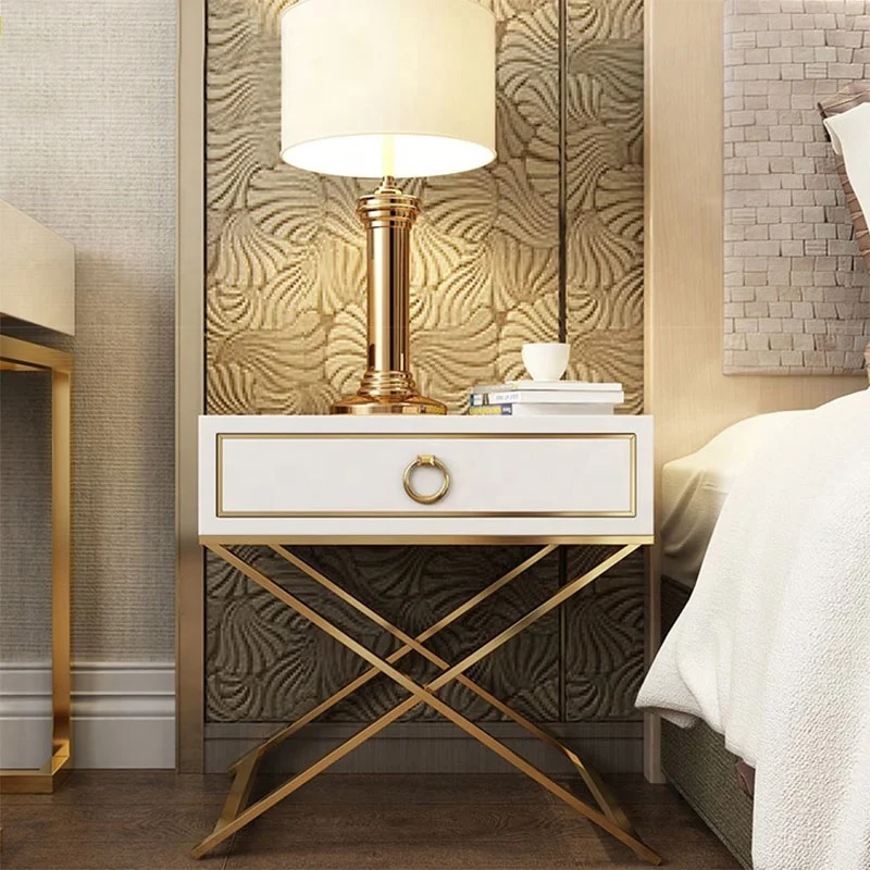 

Luxury Stainless Steel Titanium Plated Storage Cabinet Bedroom Nightstand Simple Bedside Table