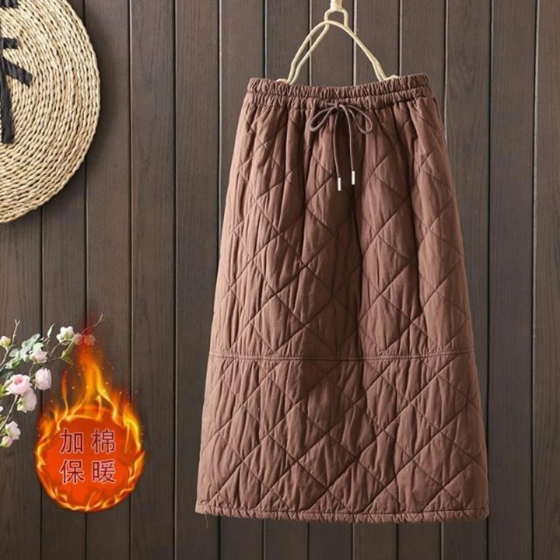 Quilted Skirt 2026 Winter Retro Art Elastic Waist Diamond Grid Splicing Versatile Cotton Skirt For Women Casual Loose Falda