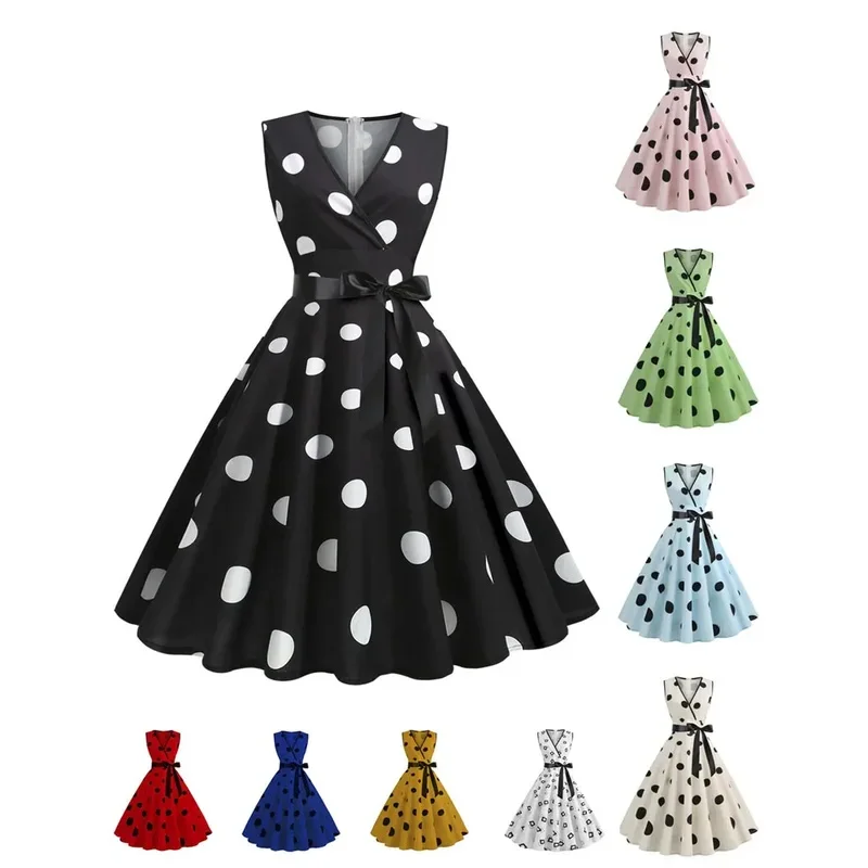 A 2024 Summer Dresses for Women Sleeveless Retro Hepburn 1950s 60s Rockabilly Polka Dot V-Neck Pinup Party Robe Swing Vestidos