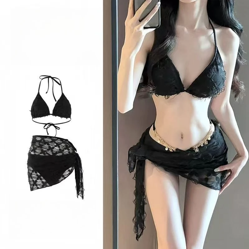 Sexy Pure Desire Elegant Sheer Lace Fringed 3 Piece Bikini Set Women Spaghetti Strap Push Up Pearl Waist Chain Sarong Cover Up