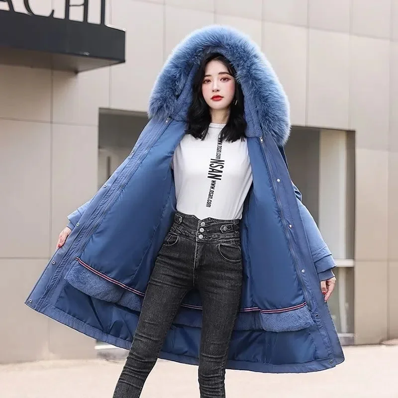 2023 New Snow Wear Long Parkas Winter Jacket Women Fur Collar Hooded Clothing Female Casual Fur Lining Thick Parka Winter Clothe