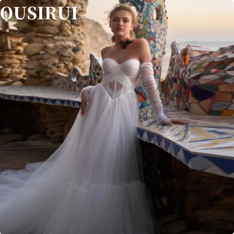 OUSIRUI-Sweethear Ilusão Vestidos De Noite Para Mulheres, Royal Tulle, Vestidos De Casamento Para Praia, Até O Chão, Vestidos De Noiva De Luxo