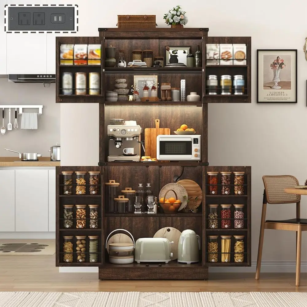 

72 Tall Rustic Brown Armhouse Kitchen Pantry Cabinet with LED Lighting and Power Outlet