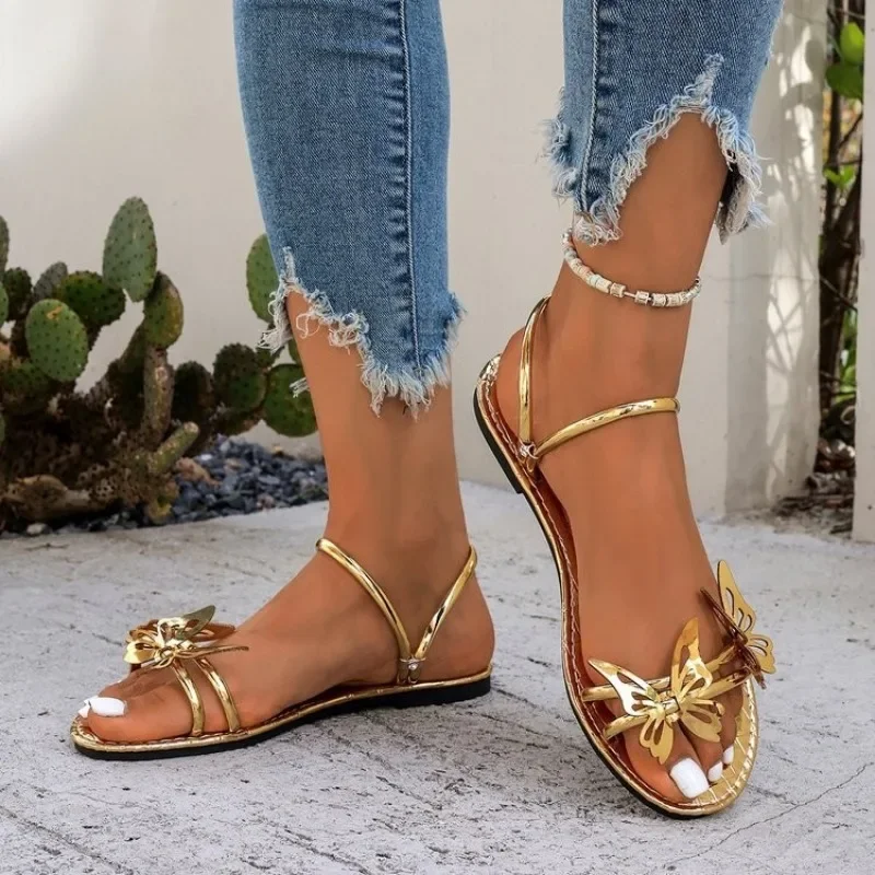 Sandalias de mujer Zapatos casuales cómodos de verano Zapatillas planas Zapatos de mujer Zapatos de playa Mariposa Calzado dorado
