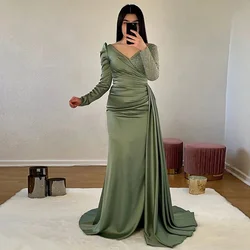 Customized Ball Elegant V-neck Long Sleeves Evening Dresses Mermaid Prom Gown Army Green S Arabic Party Dress Robe De Soiree