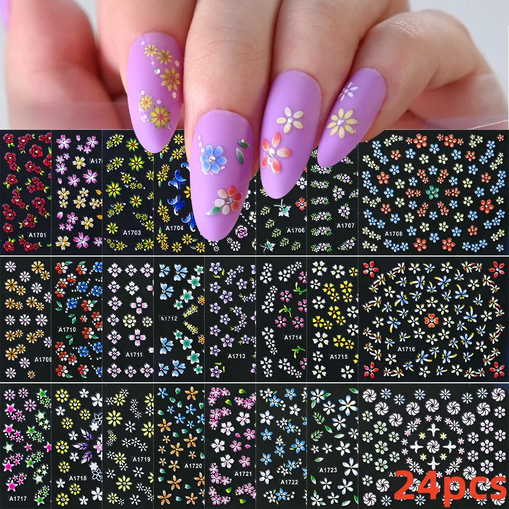 24pcs Floral Nail Art Stickers Set Colorful Daisy Flower Dragonfly Design Decals 3D Self-Adhesive Shiny Nail Art DIY Accessories